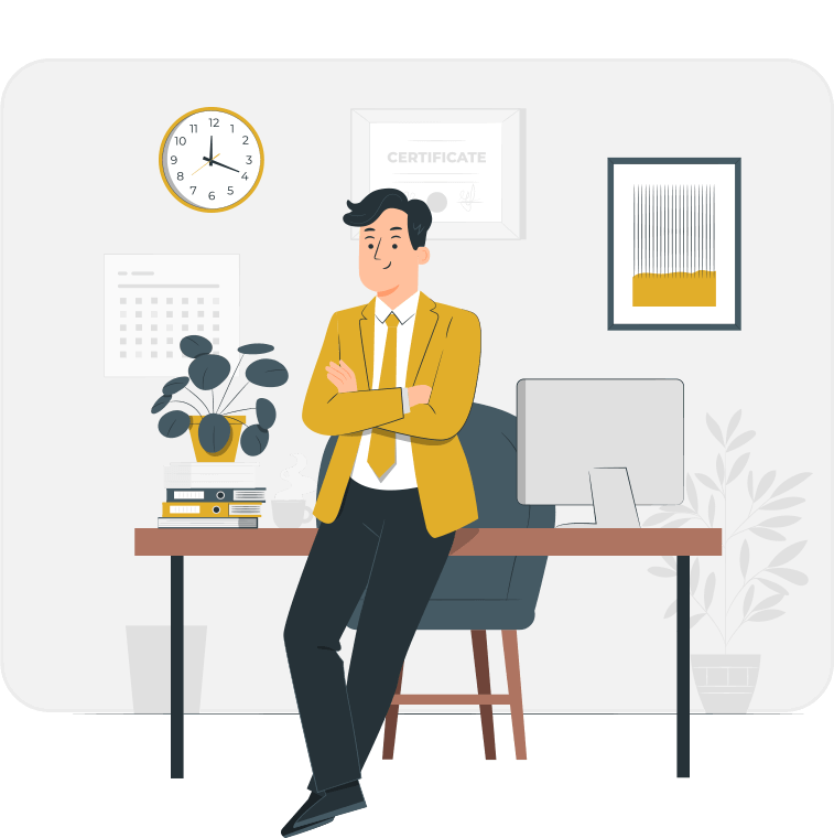 A professional office scene featuring a cartoon man in a yellow blazer standing confidently by a desk, decorated with a plant, clock, and certificates.