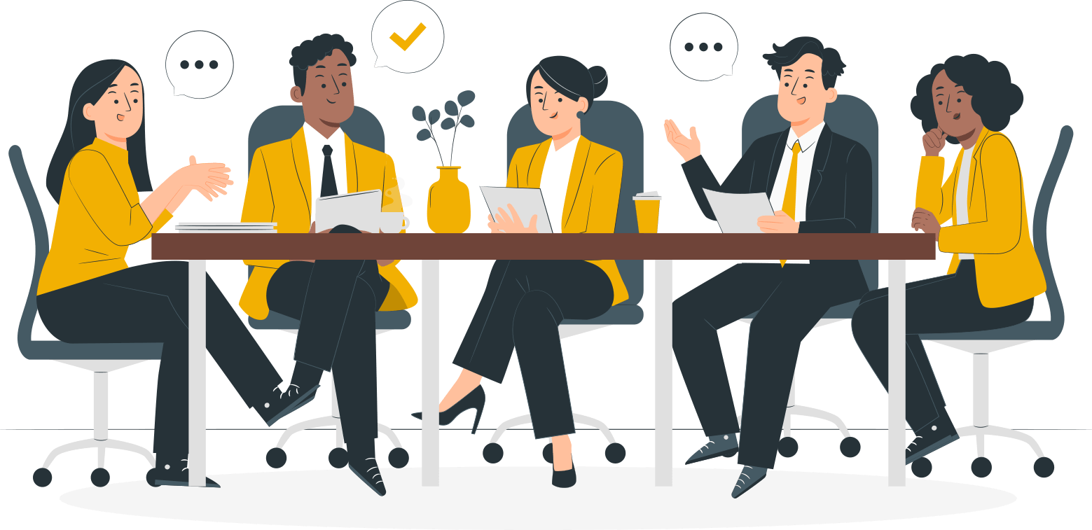 A diverse group of professionals in yellow blazers engaged in a meeting around a conference table, discussing ideas and sharing documents.