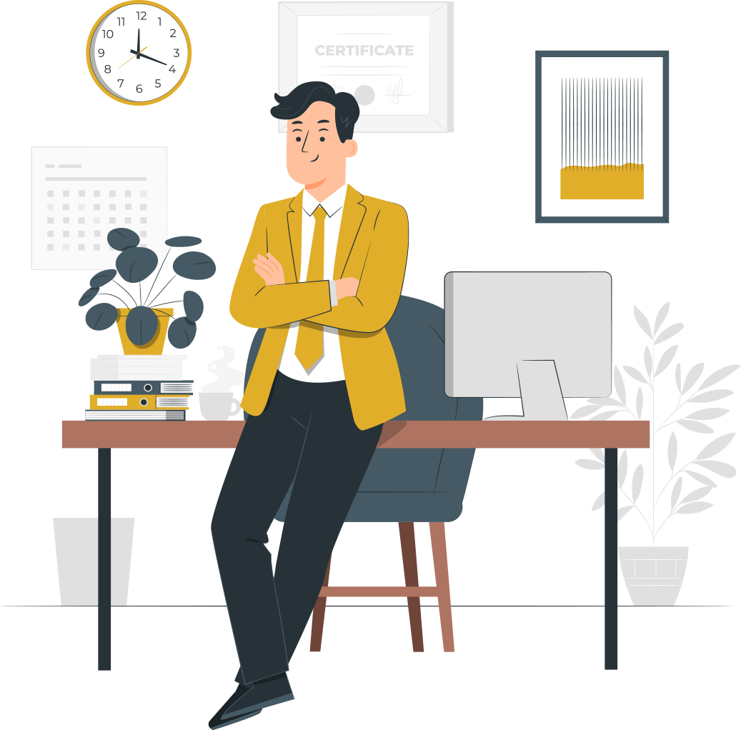 A professional in a yellow blazer stands confidently in an office with a desk, computer, and decorative plants.