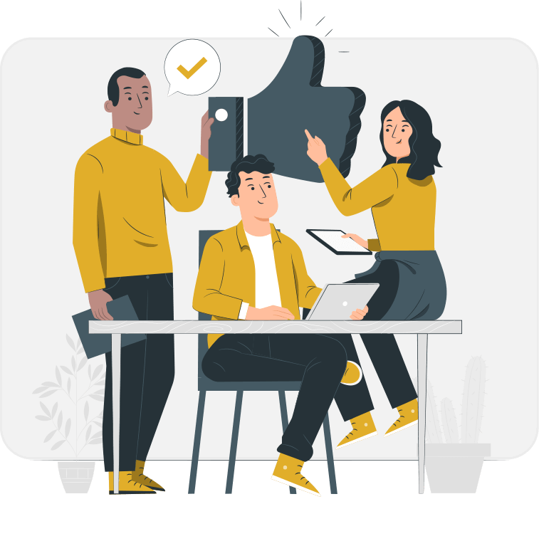 Three cartoon individuals dressed in yellow collaborate at a desk, using a laptop and tablet, with a large thumbs-up icon in the background.
