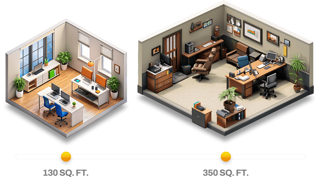 Two modern office spaces: one small and one big.